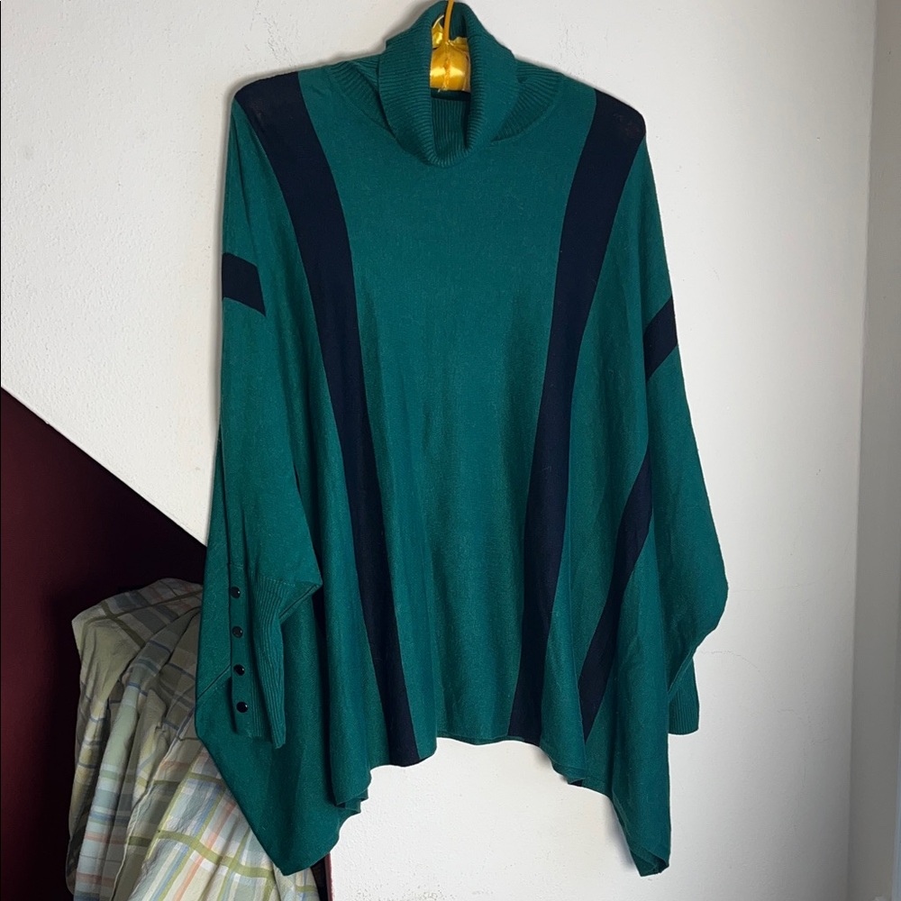 Alfani Women’Cedar Green and Navy Blue Striped Turtleneck Cape Sweater M